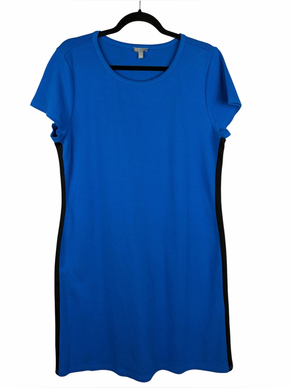 T by Talbots Blue Cotton Stretch T-Shirt Dress Black Side Stripe Large